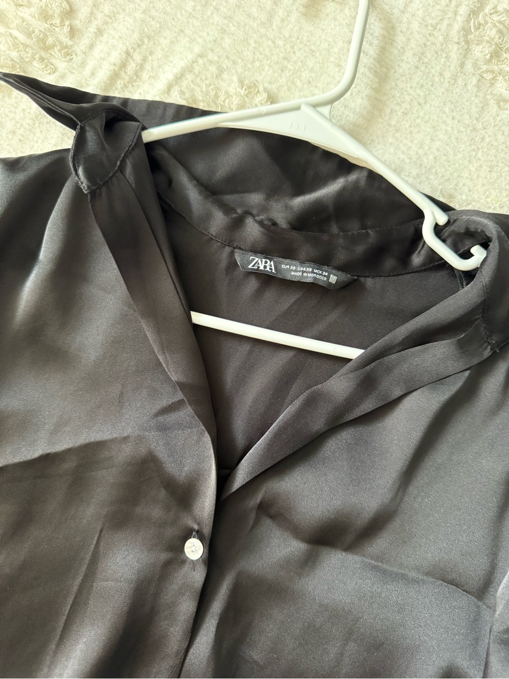 Zara Black Satin V-Neck Button Blouse
